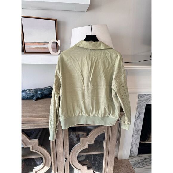7 For All Mankind Embroidered Eyelet Sleeve Bomber Jacket Green Size Medium - Picture 8 of 13